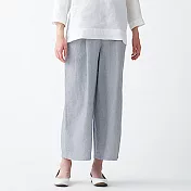 [MUJI無印良品]女法國亞麻寬擺八分褲 M 深藍直紋