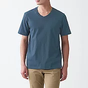 [MUJI無印良品]男有機棉天竺V領短袖T恤 L 暗藍