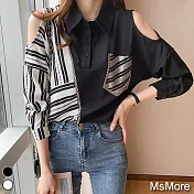 【MsMore】OL最愛韓風設計感露肩拼接條紋襯衫#108979 XL 黑