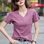 【MsMore】百搭純色竹節棉V領T恤上衣#108995- XL 紫