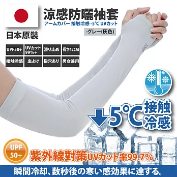 日本原裝-紫外線對策接觸冷感速降5℃防曬涼爽成人指孔袖套  -灰色