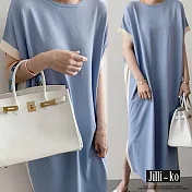 【Jilli~ko】連肩開衩拚色寬鬆連衣裙 2861  FREE 藍色