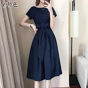 【初色】法式純色綁帶連身裙-共5色-96704(M-2XL可選) L 藍色