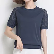 【ACheter】美麗佳人蕾絲香肩冰絲針織上衣T恤#109052- F 藏青