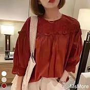 【MsMore】日韓精選蕾絲拼接五分袖娃娃裝上衣#109000 F 磚紅