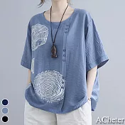 【ACheter】雲系不規則印花百搭棉麻感寬鬆上衣#109112 F 天空藍