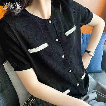 【初色】小香風精緻針織衫-共2色-98745(F可選) F 黑色