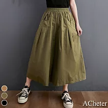 【ACheter】2021春夏新款鬆緊腰打摺顯瘦棉麻大寬褲#109117- M 綠