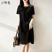 【初色】圓領燙鑽連身裙-共2色-98761(M-XL可選) M 黑色