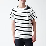 [MUJI無印良品]男有機棉天竺橫紋圓領短袖T恤 L 白橫紋