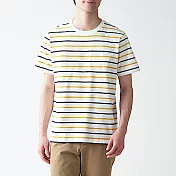 [MUJI無印良品]男有機棉天竺橫紋圓領短袖T恤 L 芥黃橫紋