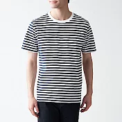 [MUJI無印良品]男有機棉天竺橫紋圓領短袖T恤 L 暗藍橫紋