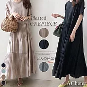 【ACheter】韓國水舞時尚摺皺棉麻寬鬆洋裝#109160 F 黑