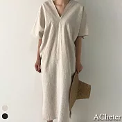【ACheter】韓國ins極簡約V領度假棉麻洋裝#109161- M 杏