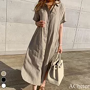 【ACheter】韓國狎鷗亭約會簡約棉麻寬鬆襯衫洋裝#109181- L 卡其