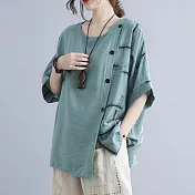【ACheter】大碼藝術印花拼接棉麻感寬鬆上衣#109113- F 綠