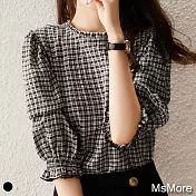 【MsMore】韓版黑白格紋皺摺感泡泡肌理五分袖上衣#109216- M 黑白