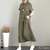 【ACheter】日本進口純色簡約棉麻寬鬆極瘦洋裝#109173- M 軍綠