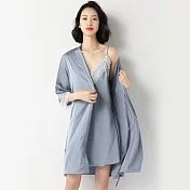 【唯蜜色】柔軟冰絲蕾絲吊帶睡裙睡袍兩件套組 藍灰色