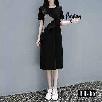 【Jilli~ko】荷葉邊不規則拼接連衣裙 M/L/XL 8066　 M 黑色