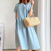 【ACheter】簡約文藝風時尚嫩彩棉麻寬鬆洋裝#109313- L 藍