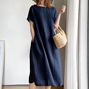 【ACheter】簡約文藝風時尚嫩彩棉麻寬鬆洋裝#109313- L 藏青