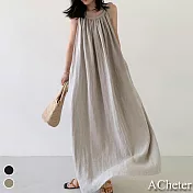 【ACheter】韓國IU時尚度假顯瘦寬鬆吊帶棉麻洋裝#109194- F 卡其