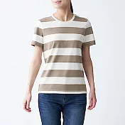 [MUJI無印良品]女有機棉天竺圓領橫紋短袖T恤 S 卡其米紋樣