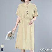 【ACheter】日式好人家純色收腰顯瘦鬆棉麻洋裝#109354- XL 卡其