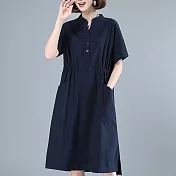 【ACheter】日式好人家純色收腰顯瘦鬆棉麻洋裝#109354- XL 藏青