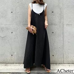 【ACheter】2021韓國新品純色時尚棉麻吊帶背心長洋裝#109236─ F 黑