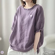 【ACheter】日式木耳領純色刺繡棉麻寬鬆上衣#109411- L 紫
