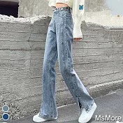 【MsMore】夏戀薄款高腰直筒雙壓垂修長寬鬆牛仔拖地褲#109341- L 藍(九分)