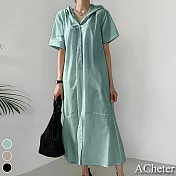 【ACheter】東京文藝簡約純色棉麻長襯衫大裙襬洋裝#109432- M 綠