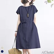 【ACheter】韓國大碼氣質純色簡約儷人寬鬆洋裝#109356- L 藏青