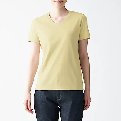 [MUJI無印良品]女有機棉天竺V領短袖T恤 M 黃色
