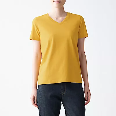 [MUJI無印良品]女有機棉天竺V領短袖T恤 S 煙燻黃