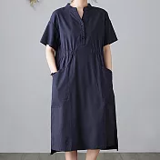 【ACheter】福岡自然原味腰皺褶棉麻寬鬆洋裝#109526- XL 藍