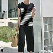 【MsMore】韓國溫馨條紋冰絲柔感針織鬆緊腰八分寬褲2件式套裝#109530- FREE 黑
