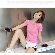【JAR嚴選】夏季新款速乾短袖瑜珈運動套裝組(衣+褲) XL 粉衣+白褲