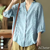 【ACheter】大地色系簡約刺繡開襟V領顯瘦棉麻襯衫#109541- 2XL 藍