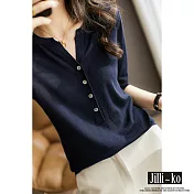【Jilli~ko】簡約細緻開扣針織小衫 A1231  FREE 深藍色