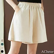 【ACheter】鬆緊腰皺皺遮肚口袋寬鬆棉麻短褲#109669- XL 杏