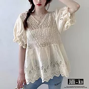 【Jilli~ko】泡泡袖蕾絲鏤空娃娃衫 J8157　 FREE 杏色