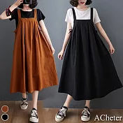 【ACheter】蝴蝶女輕鬆涼爽大碼吊帶寬鬆棉麻洋裝#109473- F 黑