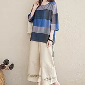 【ACheter】日本宅在家寬鬆無負擔棉麻八分寬褲2件組套裝#109638- 2XL 藍