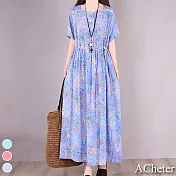 【ACheter】森林浴幽靜印花棉麻寬鬆洋裝#109689- L 藍
