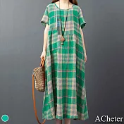 【ACheter】富士山拼接格紋寬鬆棉麻洋裝#109691- L 綠