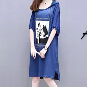 【MsMore】韓版大碼連帽印花拼接柔舒眠寬鬆洋裝#109539- L 藍