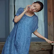 旅途原品_小滿_苧麻手繪條紋連衣裙 M/L/XL　 L 藍白條